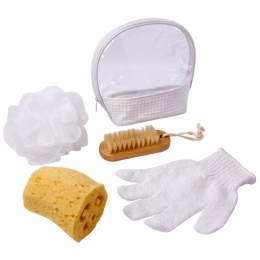 kit de baño althea, esponja, guante, cepillo, masajeador, plastico, poliester, blanco, bañarse, limpieza, dam019, promocionales, serigrafia