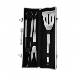 Set BBQ snazzy BBQ003 estuche metalico madera utensilios de cocina para carne pinzas espatula tenedor para BBQ cheff cocina cocinero carne asada asador parrilla accesorios parrillada acro inoxidable regalo ejecutivo promocional mayoreo